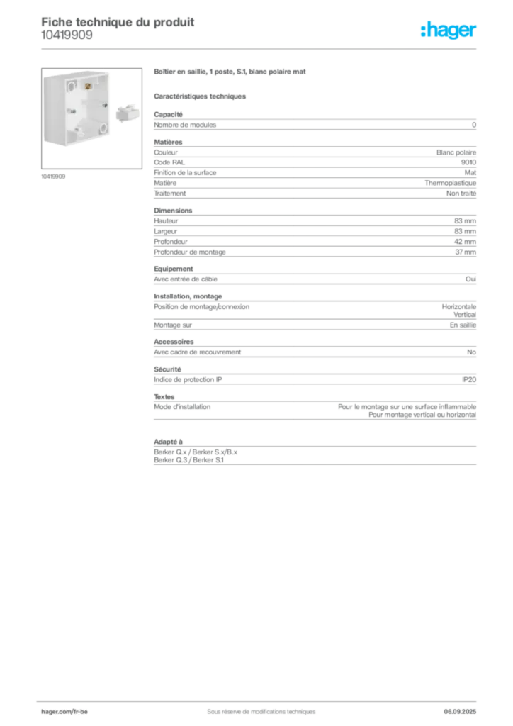 Image Hager Fiche technique du produit 10419909 | Hager Belgique