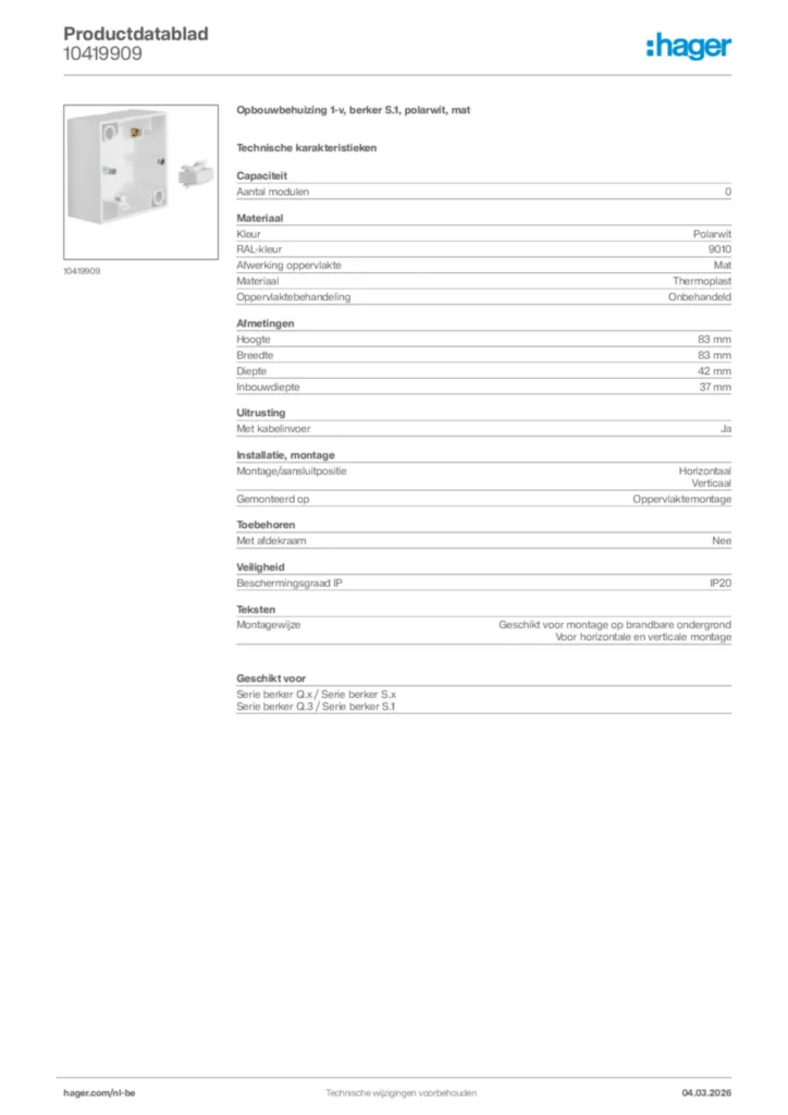 Afbeelding Hager Productdatablad 10419909 | Hager Belgium