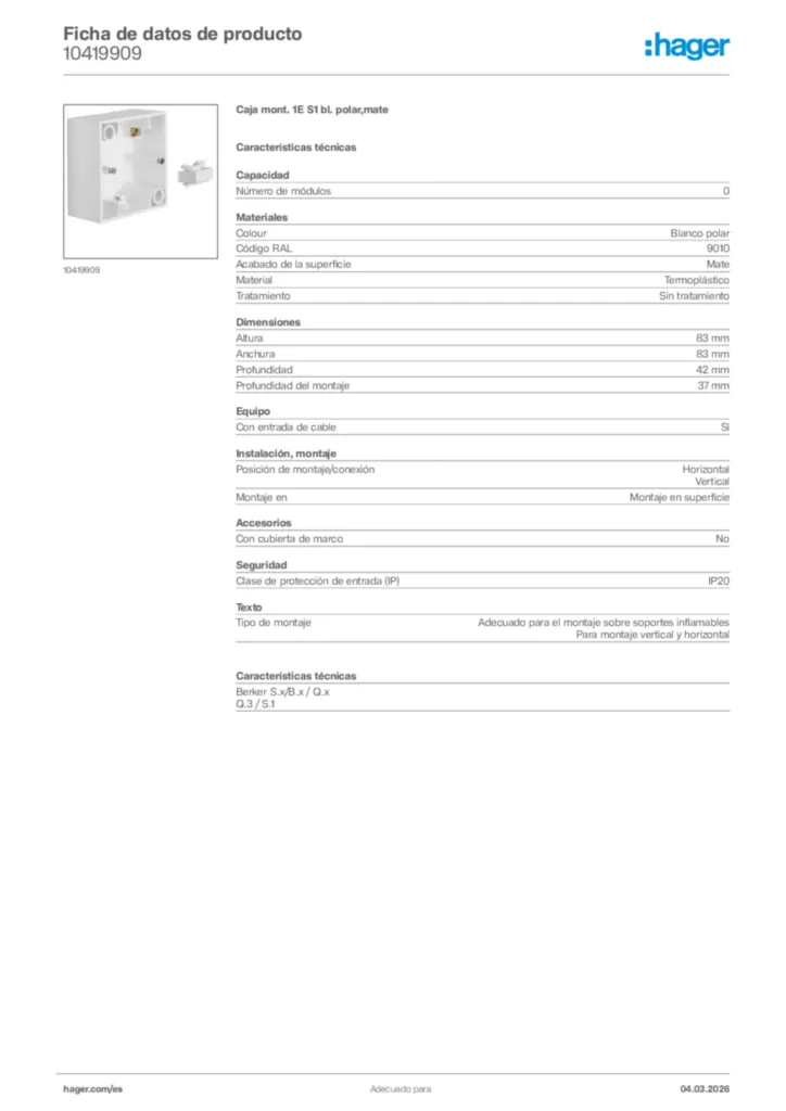 Imagen Hager Ficha de datos de producto 10419909 | Hager España