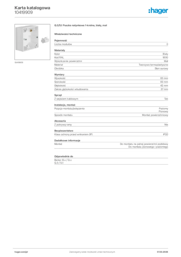 Zdjęcie Hager Karta katalogowa 10419909 | Hager Polska