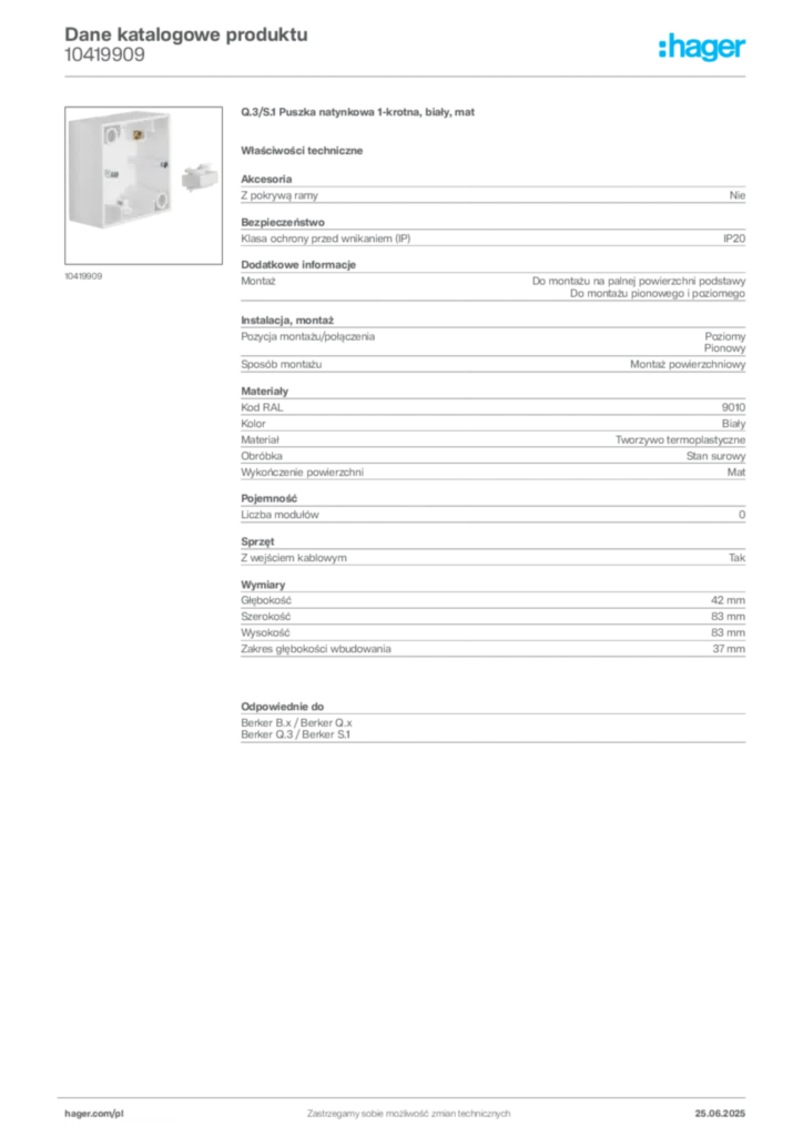 Zdjęcie Hager Dane katalogowe produktu 10419909 | Hager Polska