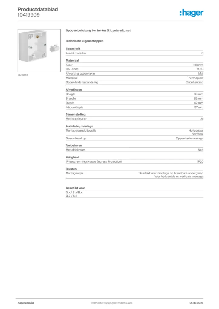 Afbeelding Hager Productdatablad 10419909 | Hager Nederland
