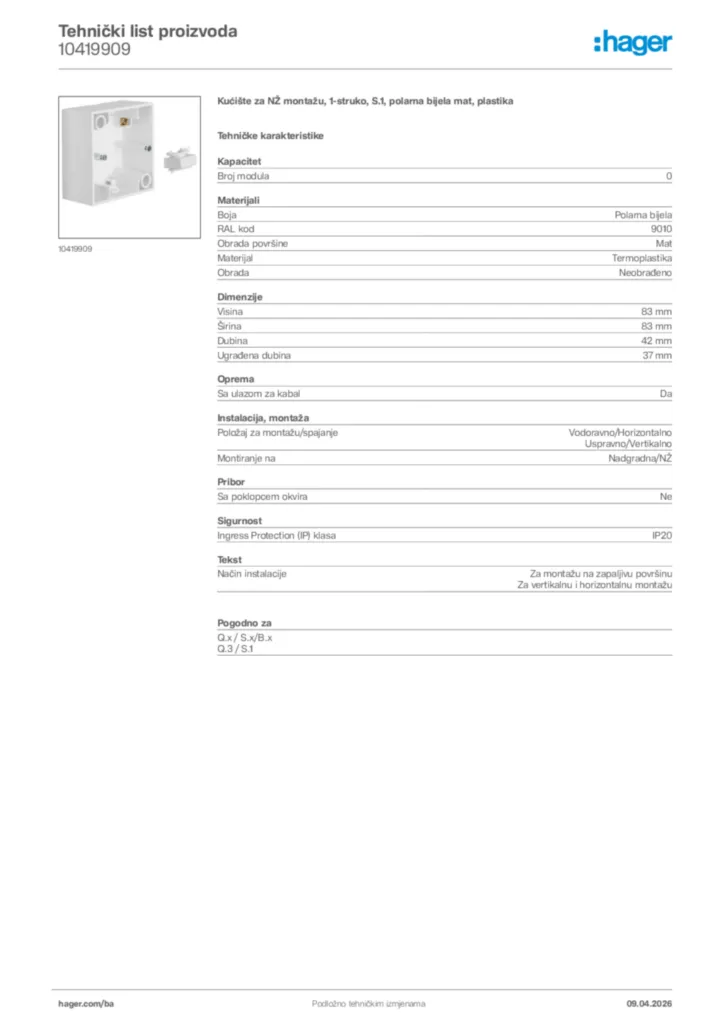 Slika Hager Tehnički list proizvoda 10419909  | Hager