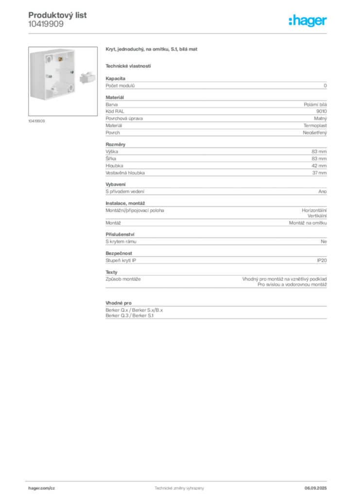 Obrázek Hager Produktový list 10419909 | Hager