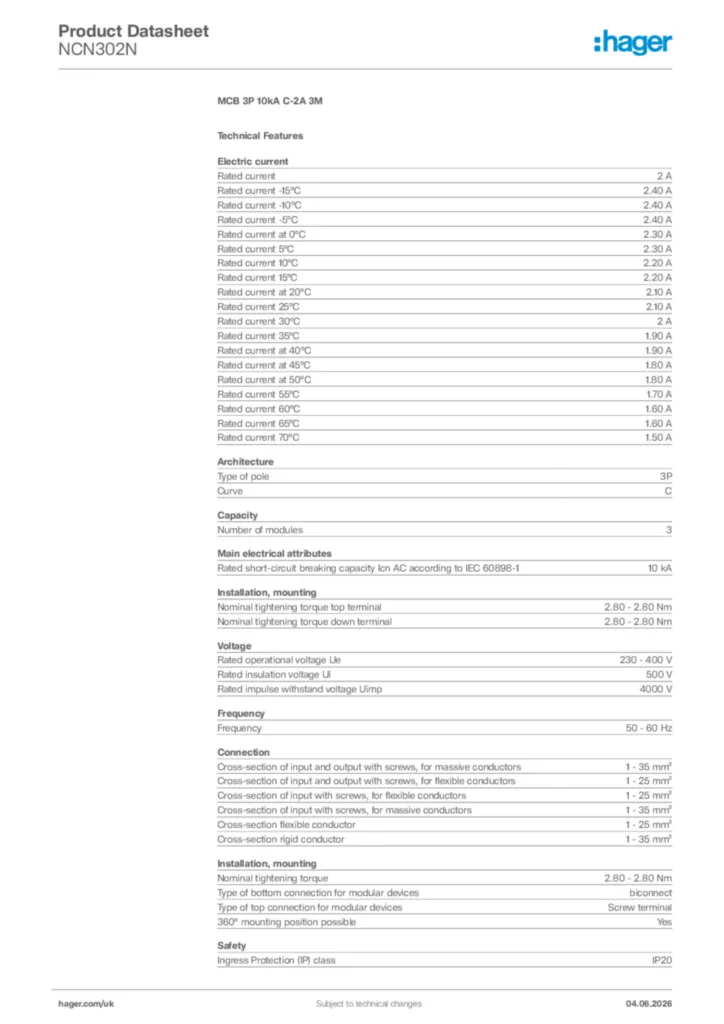 Image Hager Product data sheet NCN302N  | Hager