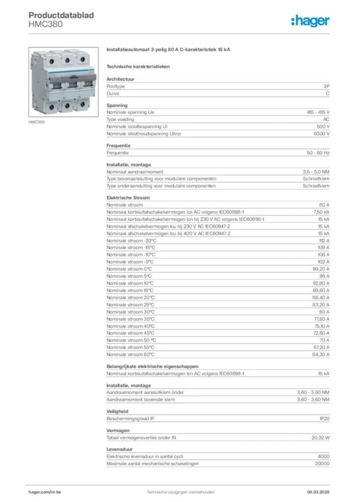 Afbeelding Hager Productdatablad HMC380 | Hager Belgium