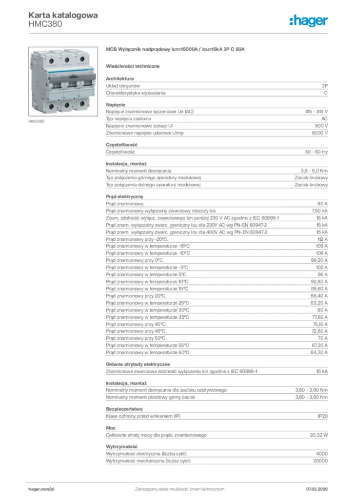 Zdjęcie Hager Karta katalogowa HMC380 | Hager Polska