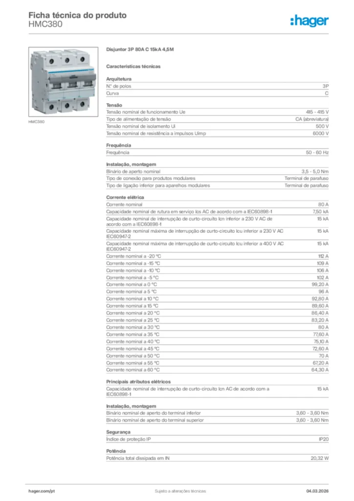 Imagem Hager Ficha técnica do produto HMC380 | Hager Portugal