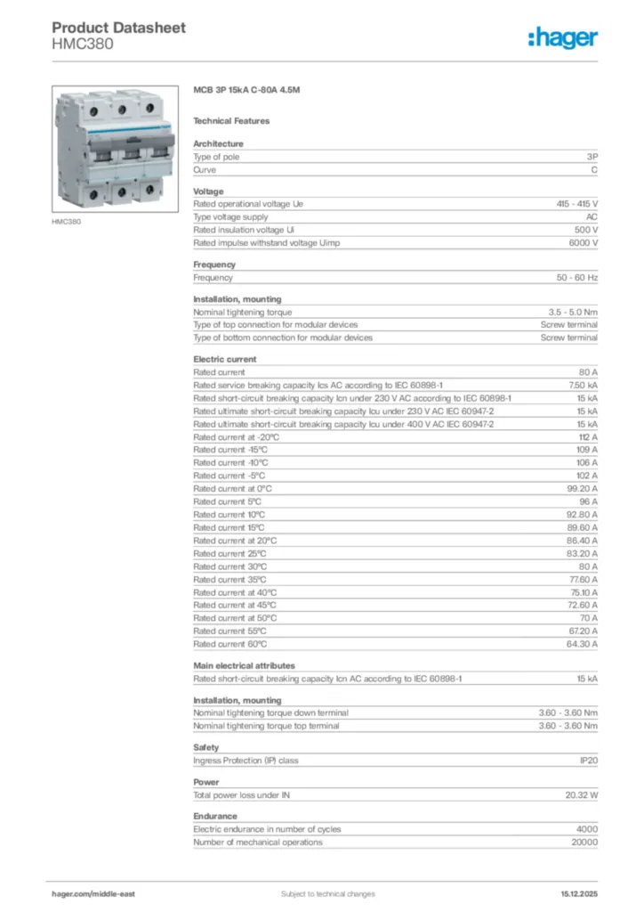 Image Hager Product data sheet HMC380  | Hager