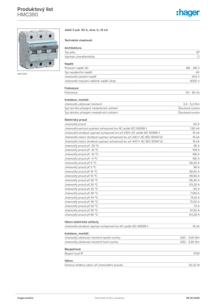 Obrázek Hager Product data sheet HMC380 | Hager
