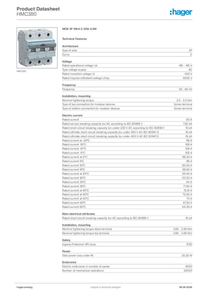 Image Hager Product data sheet HMC380  | Hager