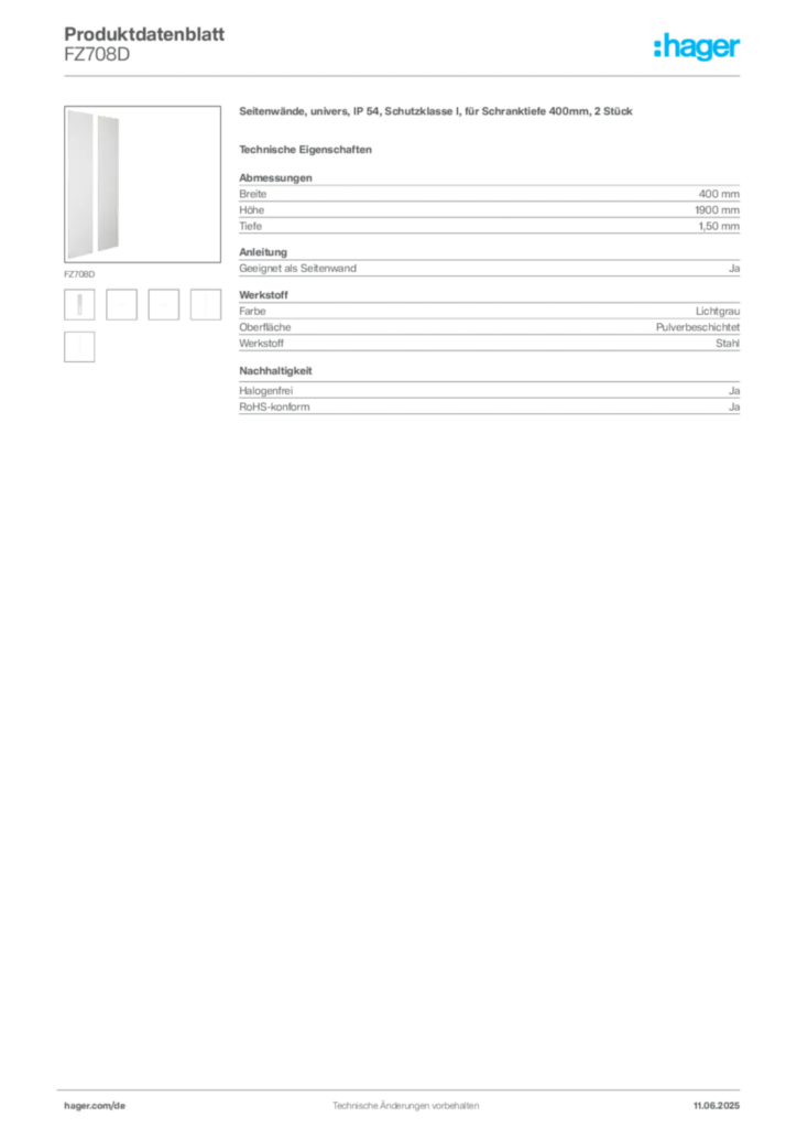 Bild Hager Produktdatenblatt FZ708D | Hager Deutschland