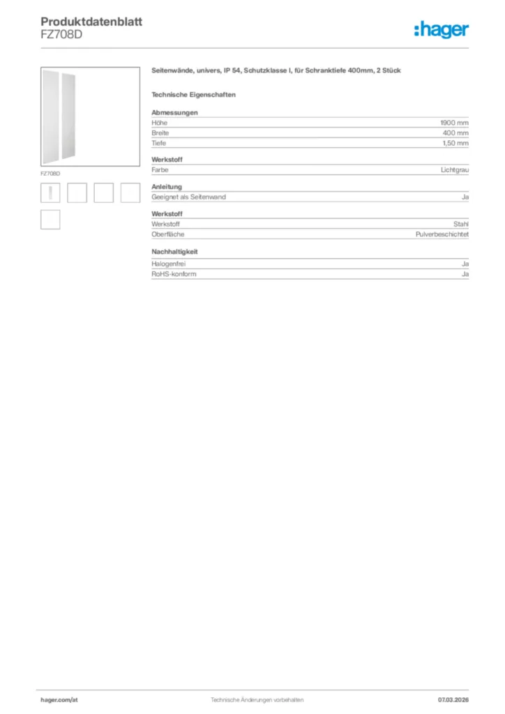 Bild Hager Produktdatenblatt FZ708D | Hager Deutschland