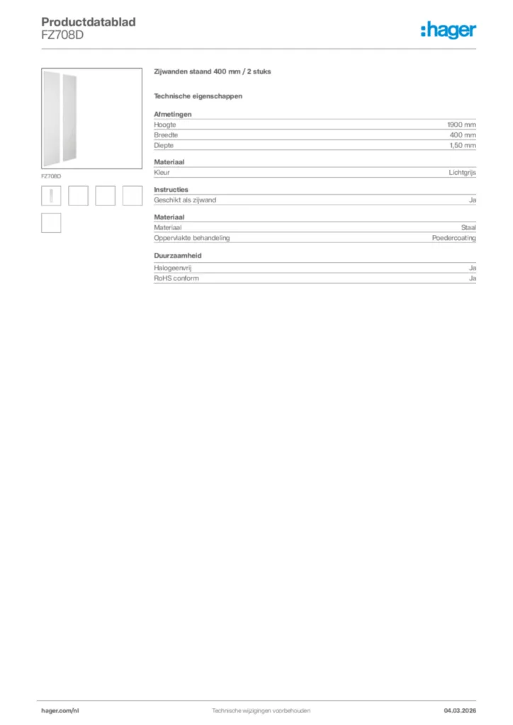 Afbeelding Hager Productdatablad FZ708D | Hager Nederland