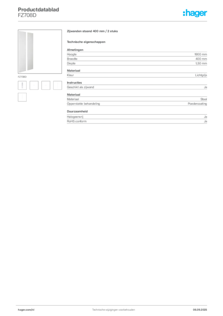 Afbeelding Hager Productdatablad FZ708D | Hager Nederland