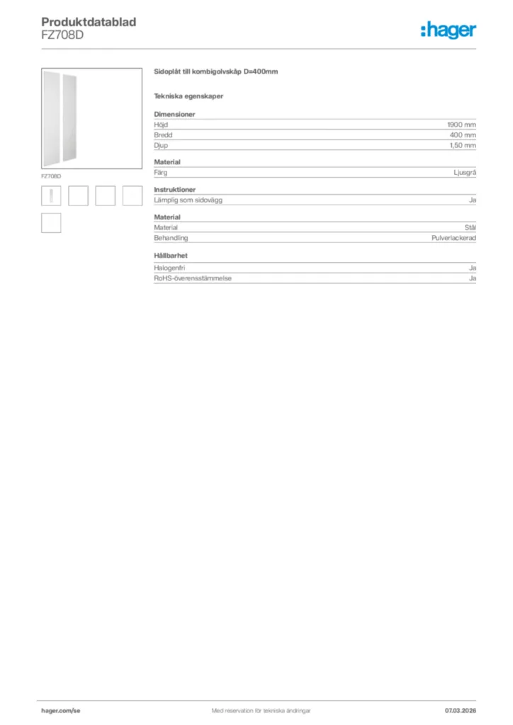 Bild Hager Produktdatablad FZ708D | Hager Sverige