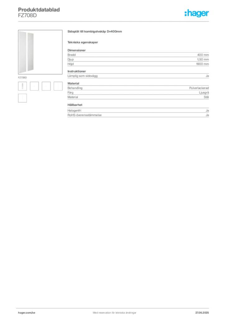 Bild Hager Produktdatablad FZ708D | Hager Sverige