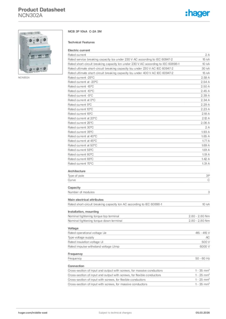 Image Hager Product data sheet NCN302A  | Hager