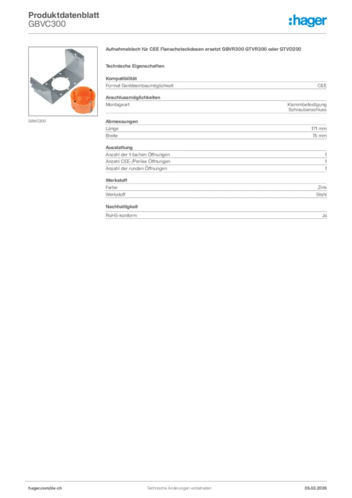 Bild Hager Produktdatenblatt GBVC300 | Hager Schweiz