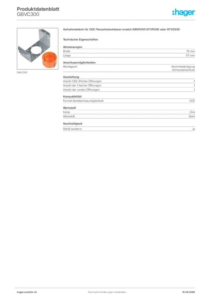 Bild Hager Produktdatenblatt GBVC300 | Hager Schweiz