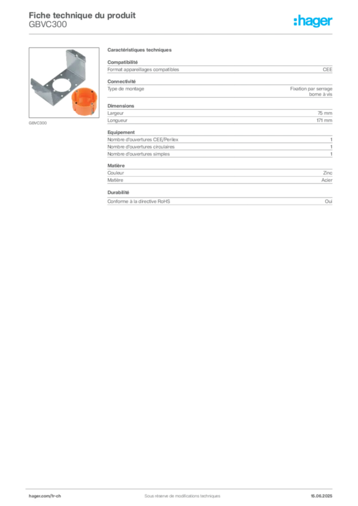 Image Hager Fiche technique du produit GBVC300 | Hager Suisse