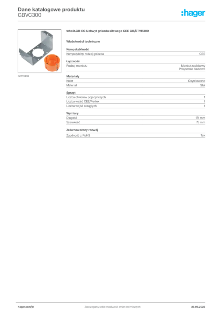 Zdjęcie Hager Dane katalogowe produktu GBVC300 | Hager Polska