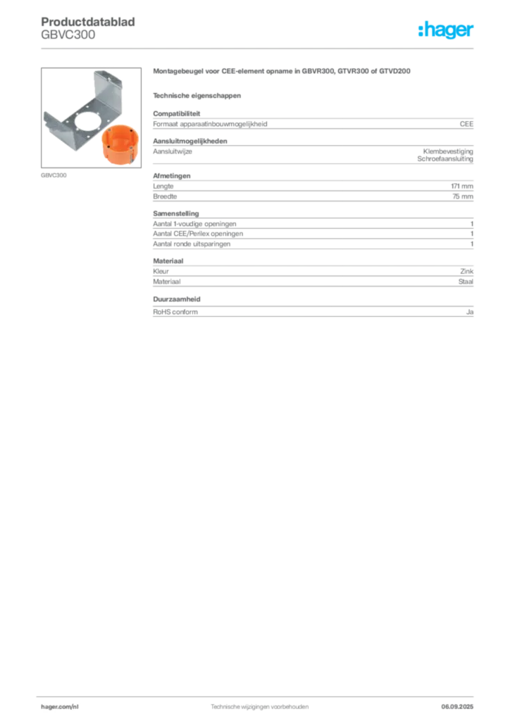 Afbeelding Hager Productdatablad GBVC300 | Hager Nederland