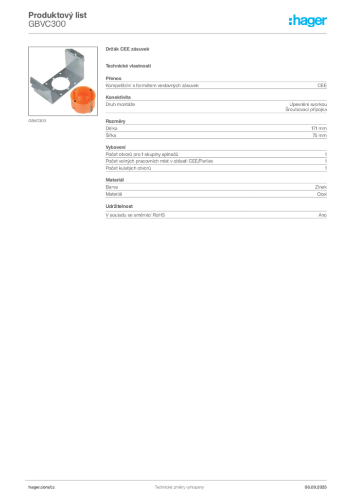 Obrázek Hager Produktový list GBVC300 | Hager