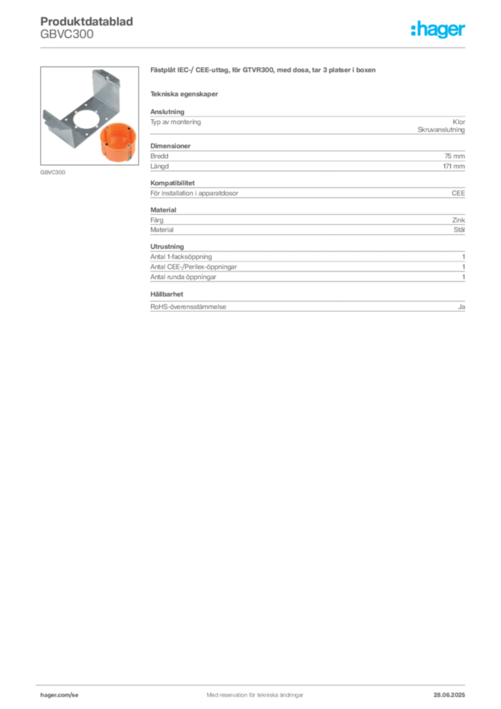 Bild Hager Produktdatablad GBVC300 | Hager Sverige