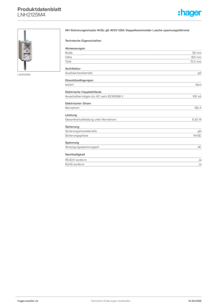 Bild Hager Produktdatenblatt LNH2125M4 | Hager Schweiz