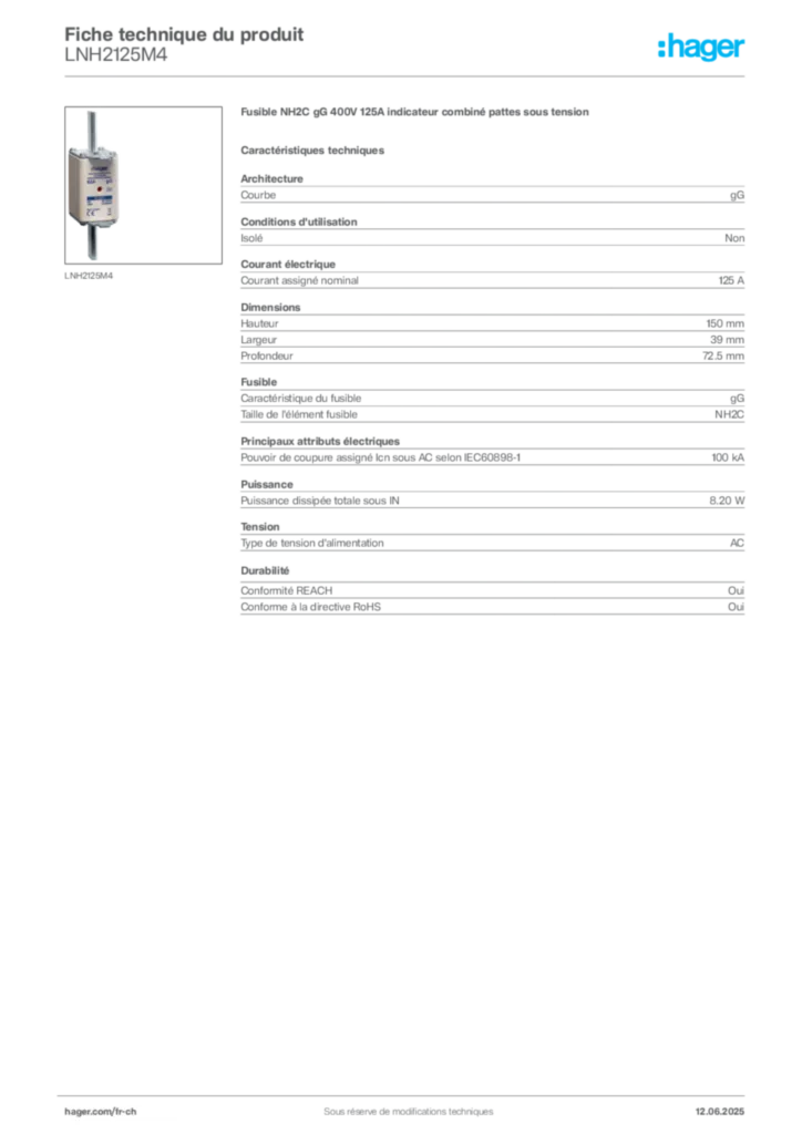 Image Hager Fiche technique du produit LNH2125M4 | Hager Suisse