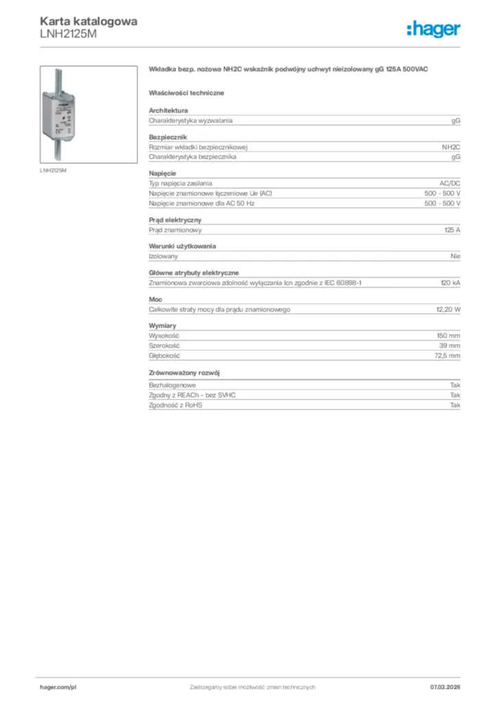 Zdjęcie Hager Karta katalogowa LNH2125M | Hager Polska