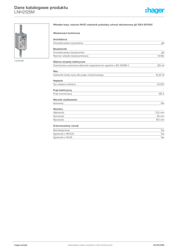 Zdjęcie Hager Dane katalogowe produktu LNH2125M | Hager Polska