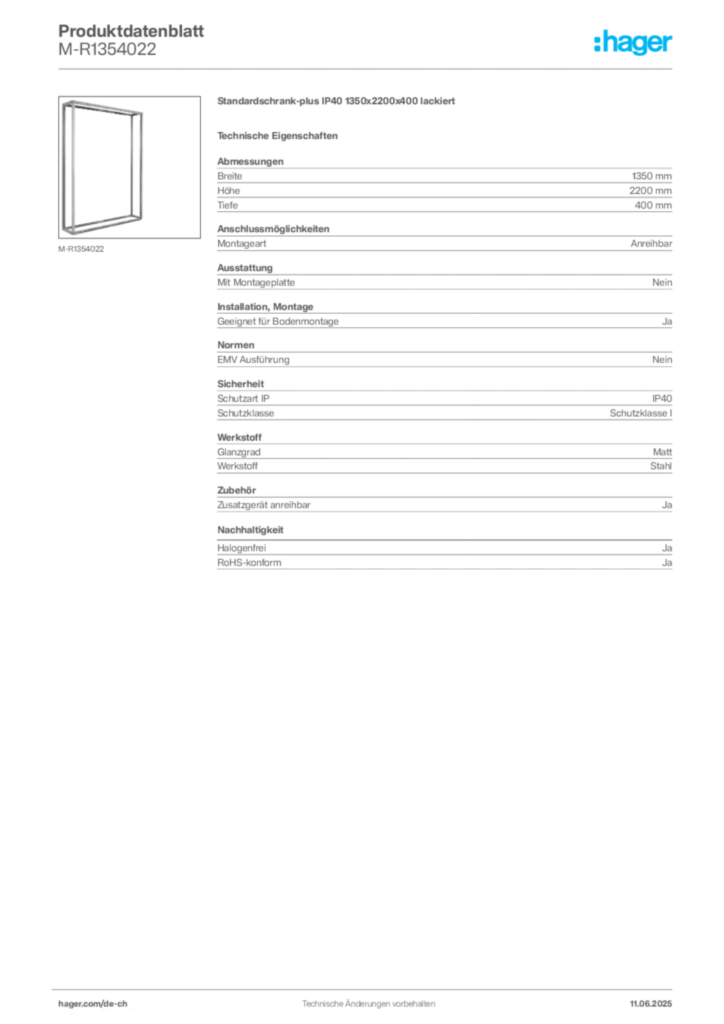 Bild Hager Produktdatenblatt M-R1354022 | Hager Schweiz