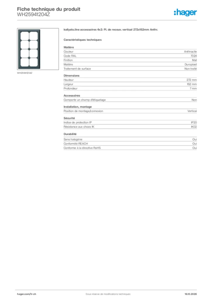 Image Hager Fiche technique du produit WH25941204Z | Hager Suisse