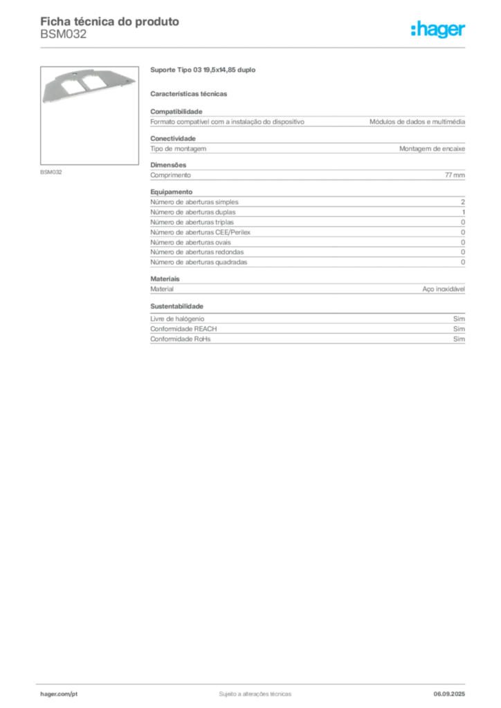 Imagem Hager Ficha técnica do produto BSM032 | Hager Portugal