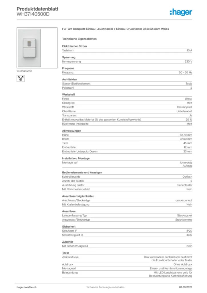 Bild Hager Produktdatenblatt WH37140500D | Hager Schweiz