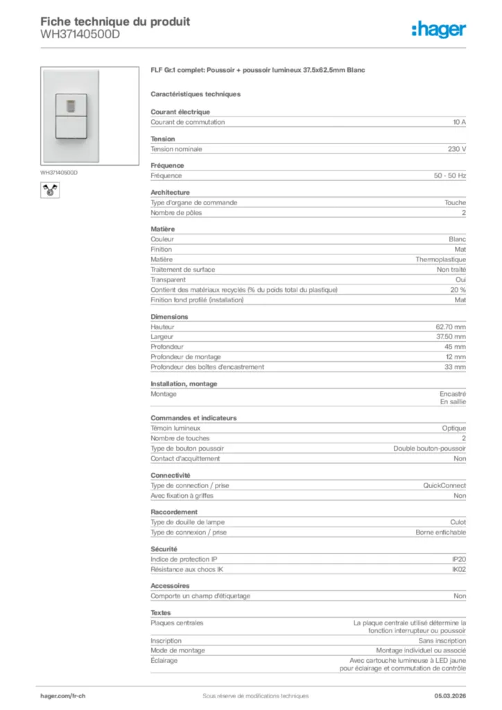 Image Hager Fiche technique du produit WH37140500D | Hager Suisse