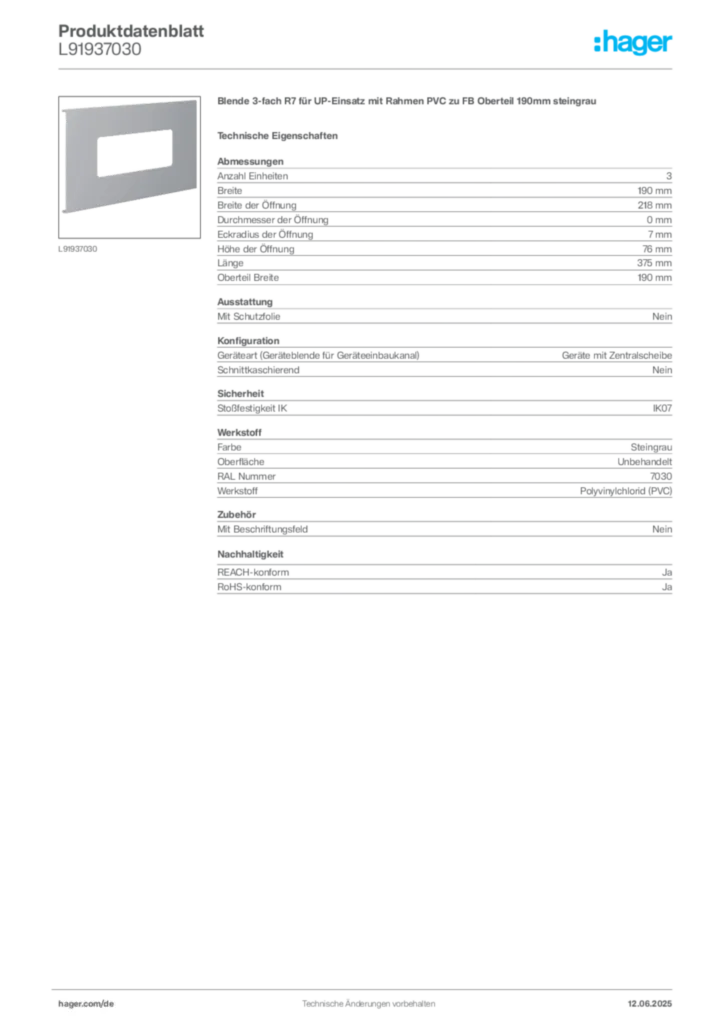 Hager Produktdatenblatt L91937030