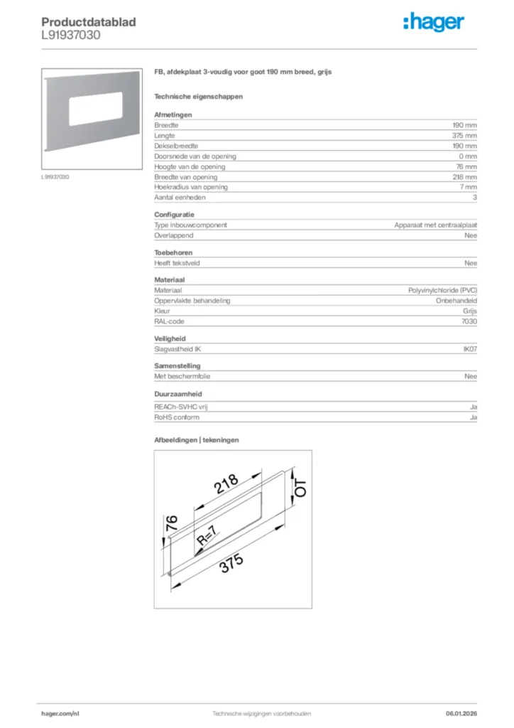 Afbeelding Hager Productdatablad L91937030 | Hager Nederland