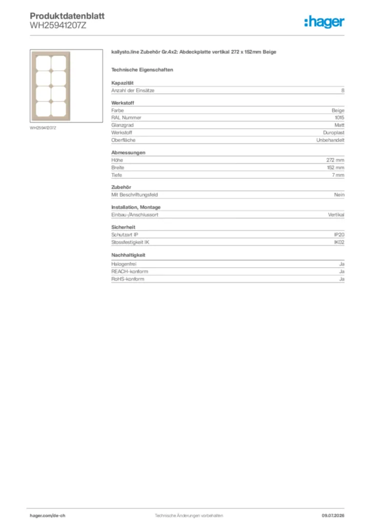 Bild Hager Produktdatenblatt WH25941207Z | Hager Schweiz