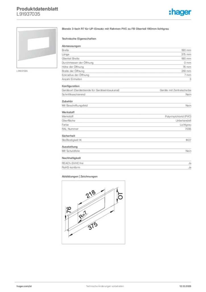 Bild Hager Produktdatenblatt L91937035 | Hager Deutschland