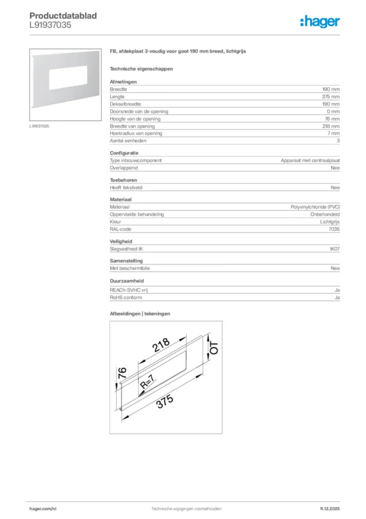 Afbeelding Hager Productdatablad L91937035 | Hager Nederland