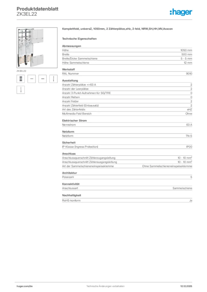 Bild Hager Produktdatenblatt ZK3EL22 | Hager Deutschland