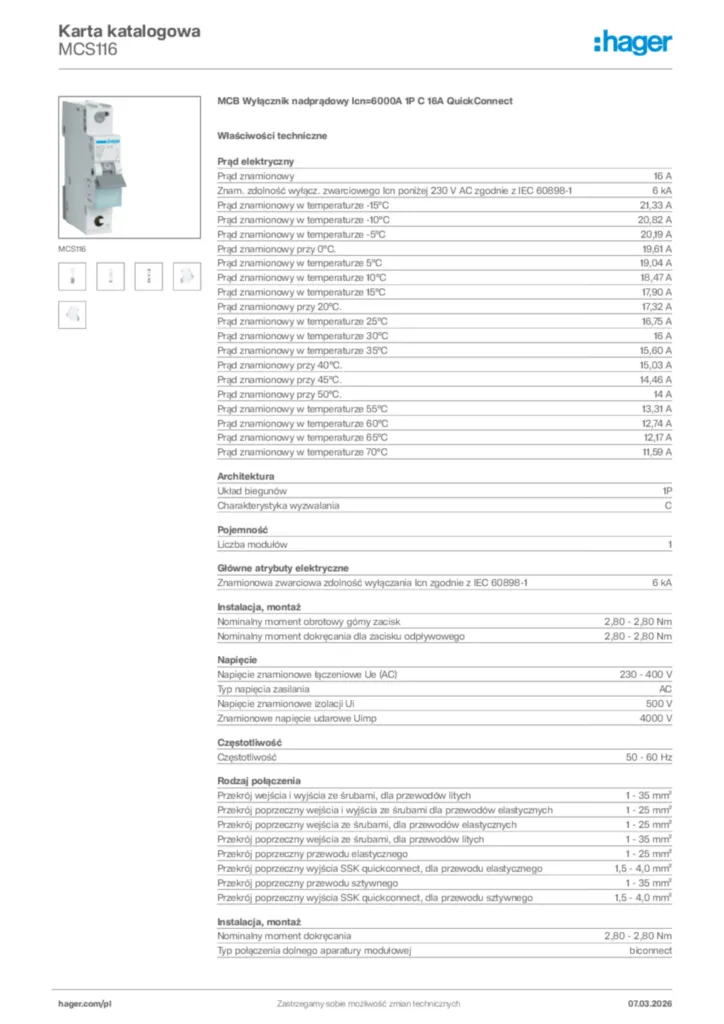 Zdjęcie Hager Karta katalogowa MCS116 | Hager Polska