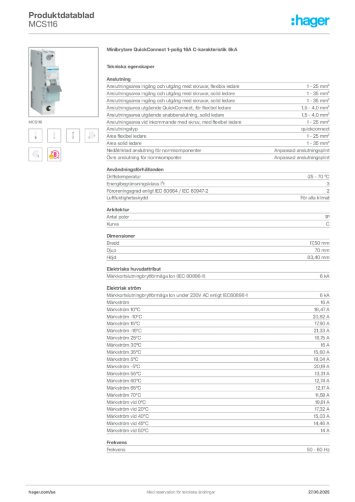 Bild Hager Produktdatablad MCS116 | Hager Sverige