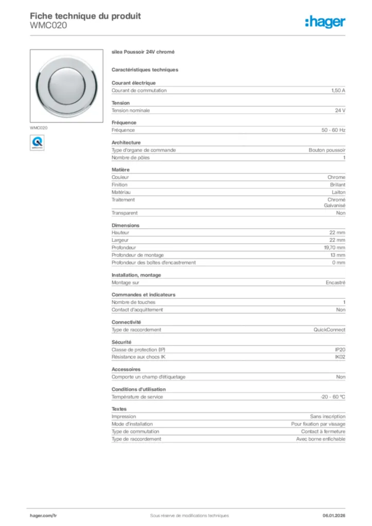 Image Hager Fiche technique du produit WMC020 | Hager France