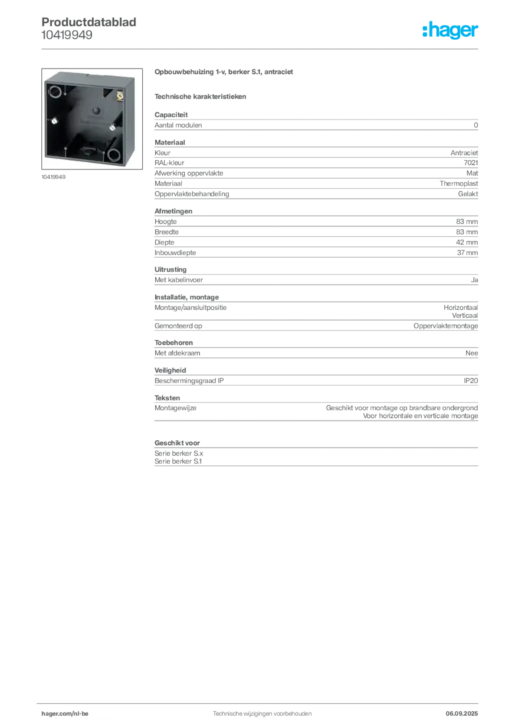 Afbeelding Hager Productdatablad 10419949 | Hager Belgium