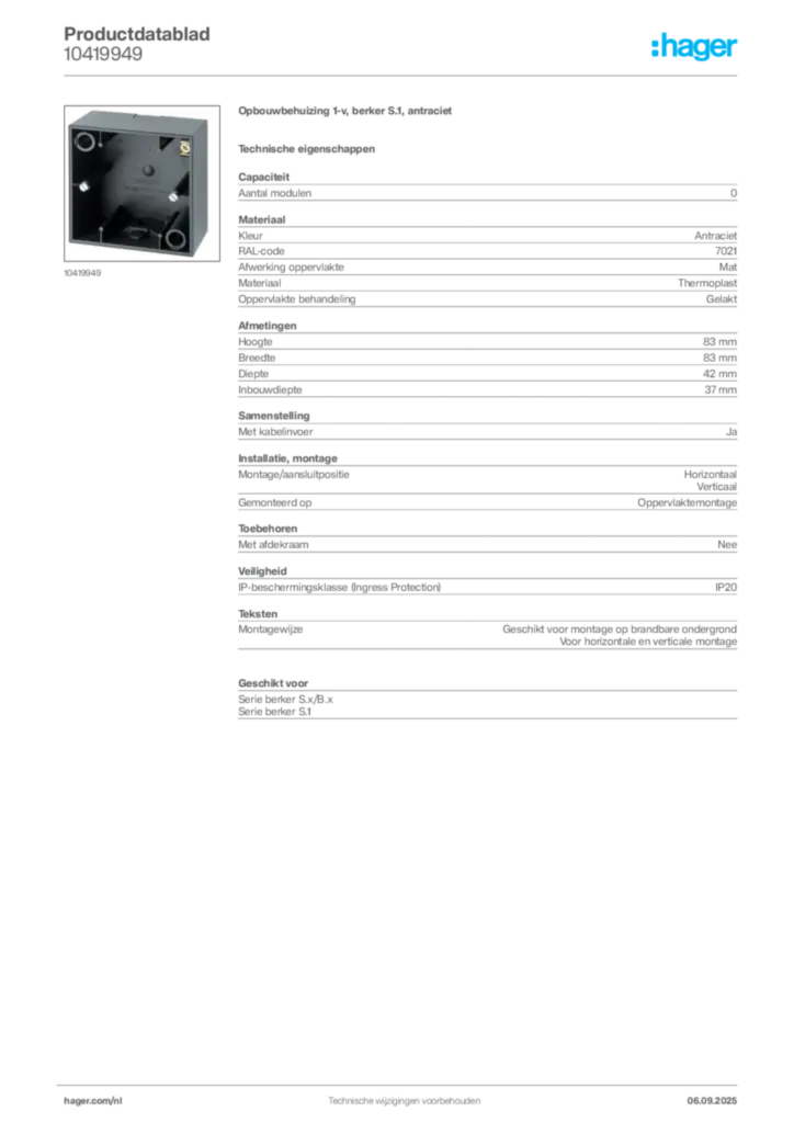 Afbeelding Hager Productdatablad 10419949 | Hager Nederland