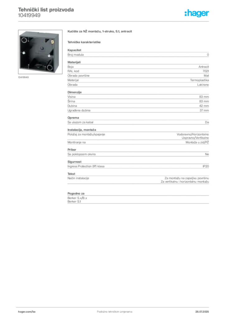 Slika Hager Product data sheet 10419949  | Hager